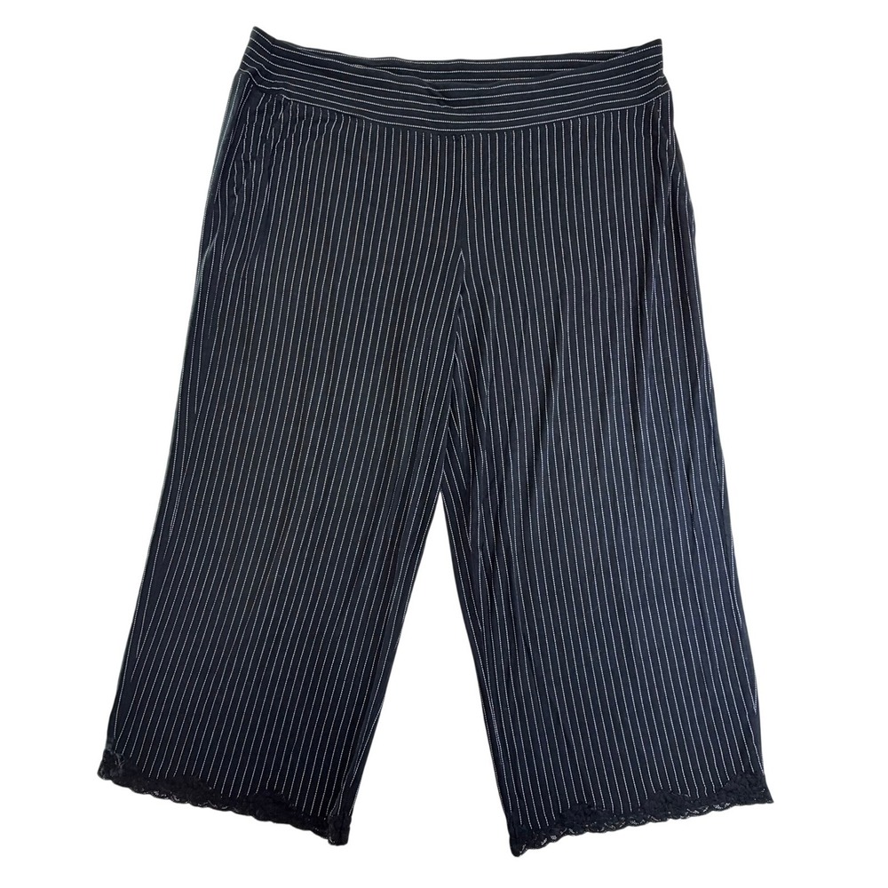 Soma Pajama‎ Pants Women Large Black Pinstripe Lace Trim Crop Wide Leg Pockets